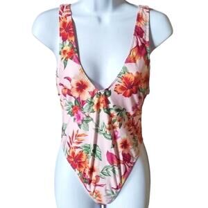 Basta Surf Pink Floral High Leg Open Back One Piece Swimsuit Women Sz L